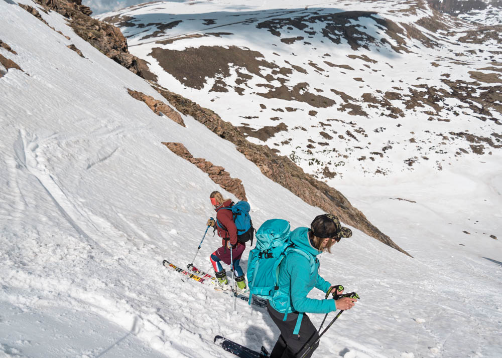 Lindsey and Steph skiing Gardner Headwall