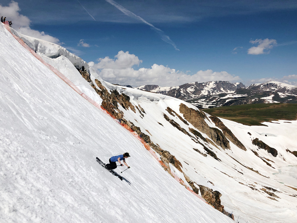 Steph skiing Beartooth Basin on July 6, 2019