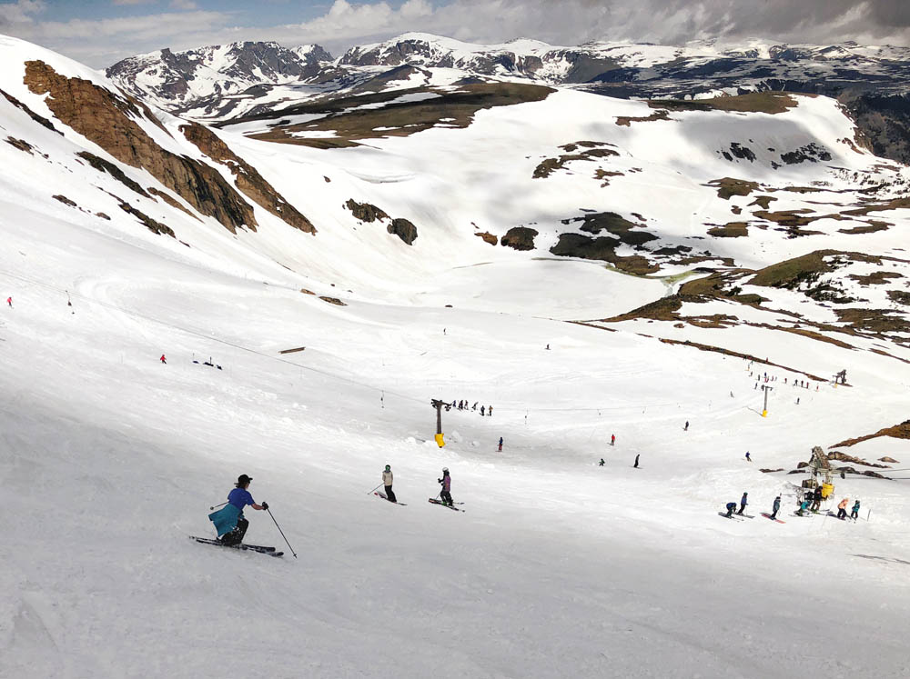 Steph skiing the bumps at Beartooth Basin