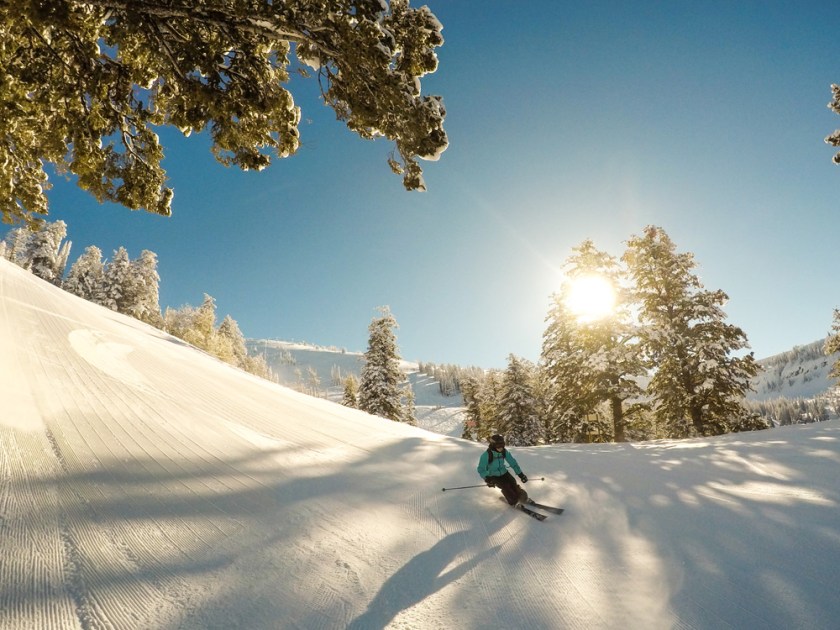 skiing down Slim's Shot and onto the Teton Vista Traverse