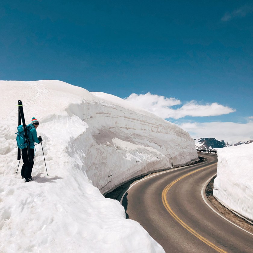 bootpacking up a massive wall of snow along the Beartooth Highway