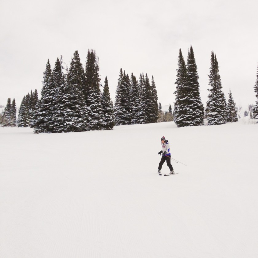 Beginner skiing form on a green trail at Grand Targhee