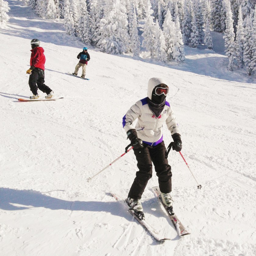 beginner skiing a blue run at Grand Targhee