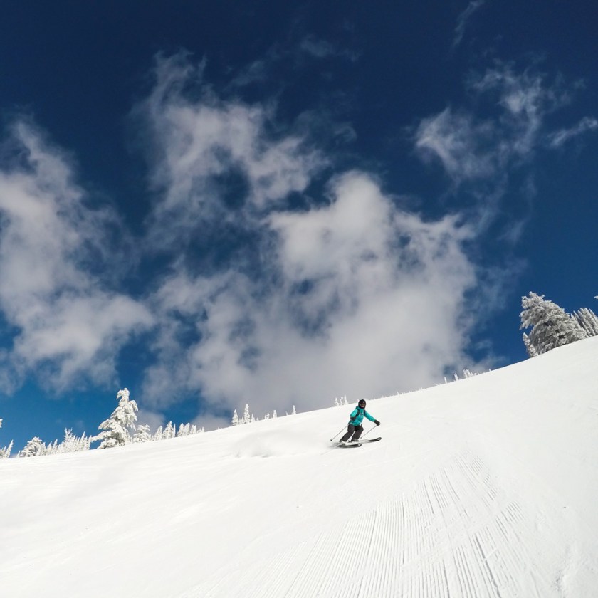 skiing down the final steep drop on Raven Wood