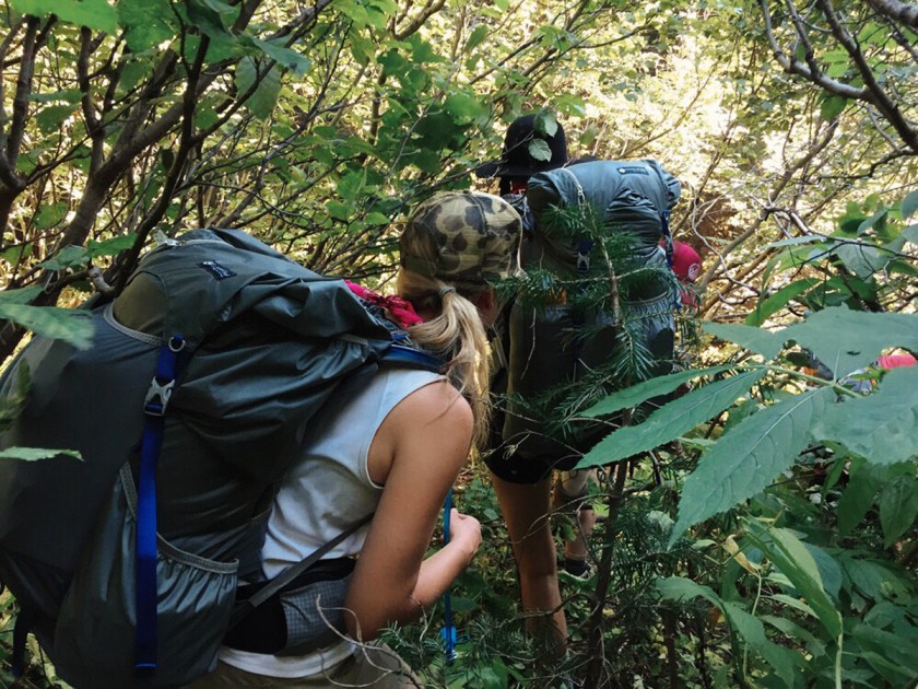 women backpacking through underbrush